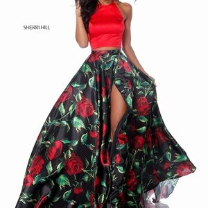 Sherri Hill Two Piece Red and Black Rose Print Dress Prom Dress Gown Pageant